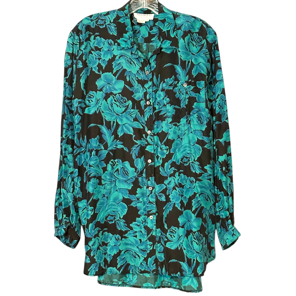 Vintage 80s Adolfo Floral Blouse Button Up Top Colorful Teal Black Retro 11/12